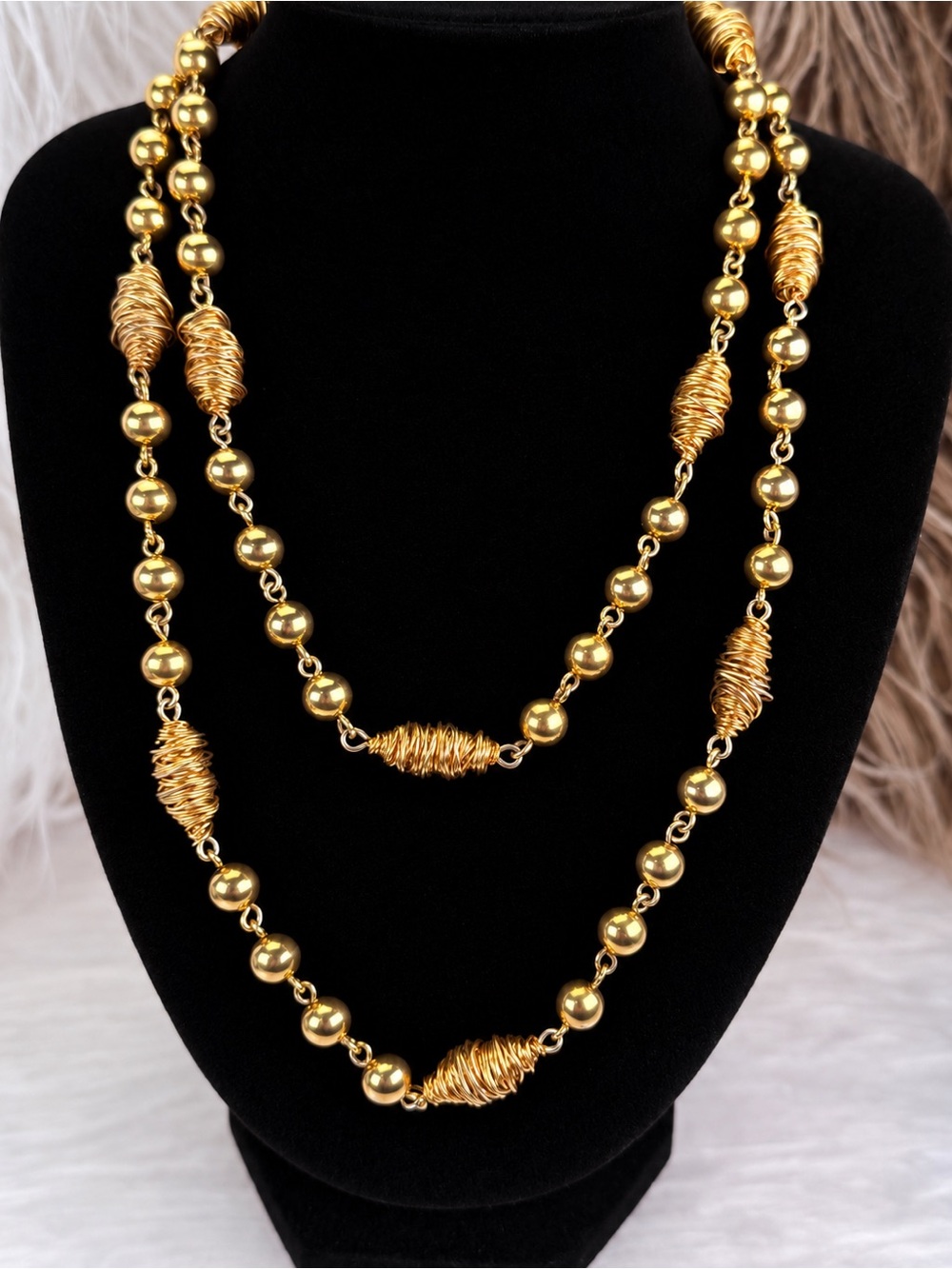Vintage Monet Extra Long Gold Tone Beaded Wire Wrap Station Necklace